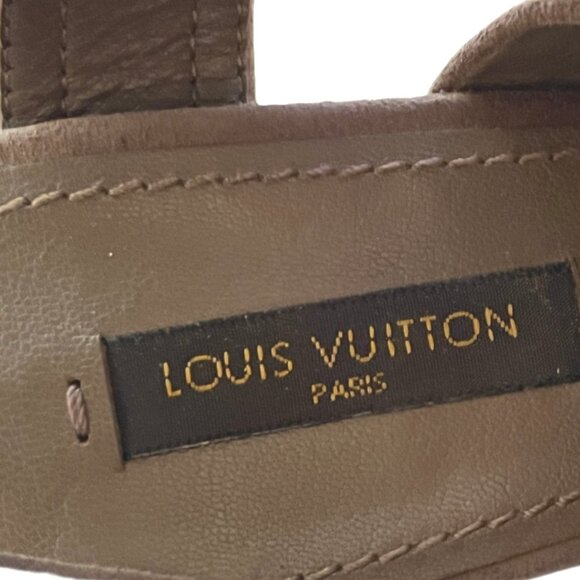 Louis Vuitton Camel Suede Wedge Ankle Wrap Sandals Gold LV Buckle Size 37 (US 7) - Picture 11 of 14